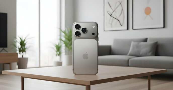 Silver Apple iPhone 17 Pro placed on a modern wooden table in a bright living room, showcasing elegant triple camera system and premium Apple design.