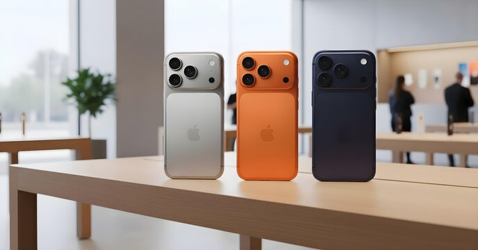 Apple iPhone 17 Pro lineup in silver, orange, and blue displayed on a wooden table inside an Apple Store, highlighting modern design and premium smartphone style.