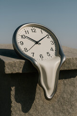A clock is sitting on a stone wall with the hands at the numbers 3 and 9