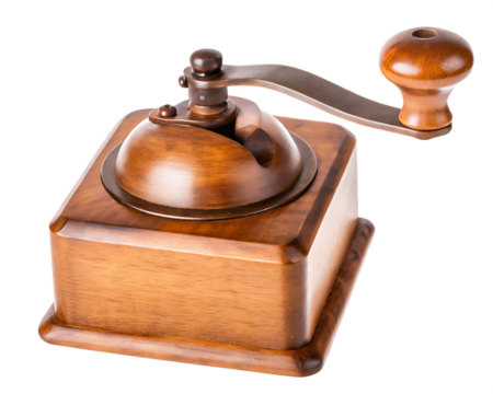 Vintage wooden manual coffee grinder on white background isolated on a transparent background