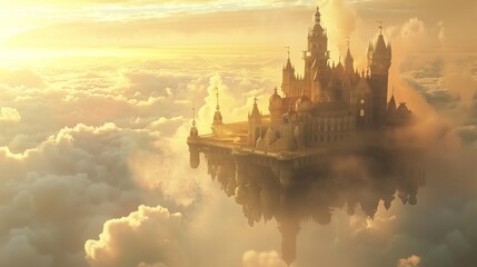 Naklejka premium Floating castle above clouds, golden sunlight beams, magical fantasy atmosphere, surreal landscape.