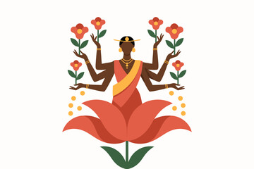 Harmonious Lakshmi Goddess Vector Illustration, a Contemporary Depiction of Prosperity and Abundance, Elegantly Seated on a Sacred Lotus Flower