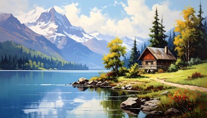 Fototapeta premium Scenic mountain lake landscape painting