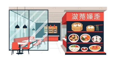 Trendy Asian Restaurant Interior with Mouthwatering Food Illustrations
