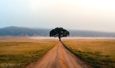 
Solitary Tree on Dirt Road Leading into Foggy Field