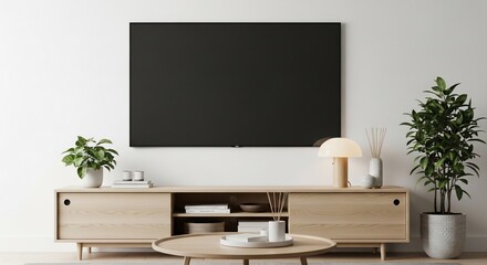Modern living room with minimalist wooden media console, large black screen TV, and lush green potted plants creating a serene atmosphere.