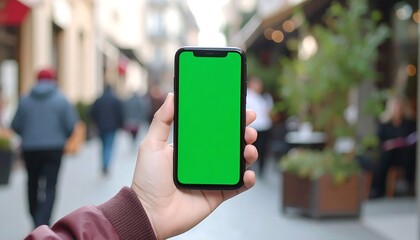 Hand holding a smartphone with a green screen outdoors