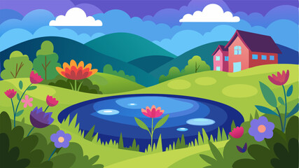 Fototapeta premium A small tranquil pond lies at the heart of the village reflecting the vibrant colors of the surrounding wildflowers.