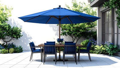 Outdoor patio dining area with blue umbrella