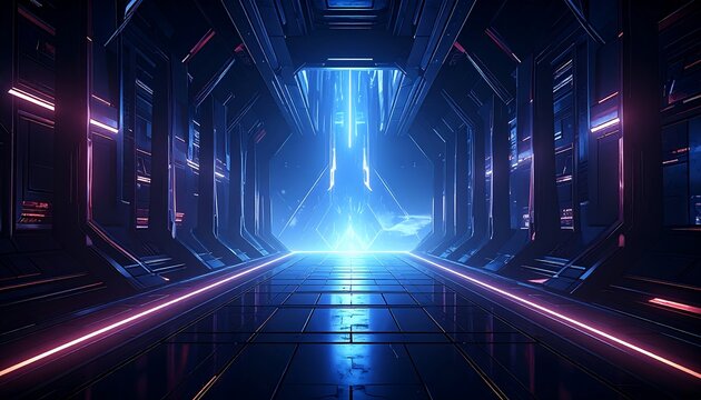 Futuristic corridor with vibrant neon lights - Powered by Adobe