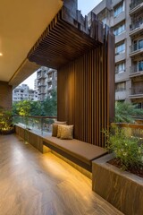 Fototapeta premium Modern balcony seating area with a slatted wooden screen and warm lighting.