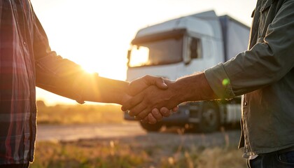Two people shaking hands outdoors. Truck in background