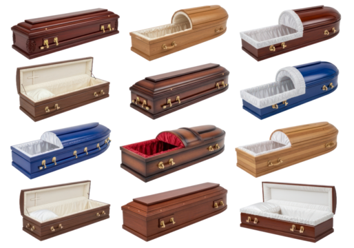 Collection of various wooden caskets in different shades and styles displayed on a Transparent backdrop.