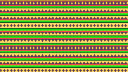 A vividly colored geometric seamless pattern featuring stripes, diamonds, and triangles in bold organized repetition, evoking creativity, design versatility, and a playful decorative aesthetic