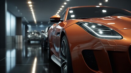 Orange Sports Car on Display in Luxurious Showroom under Bright Interior Lighting