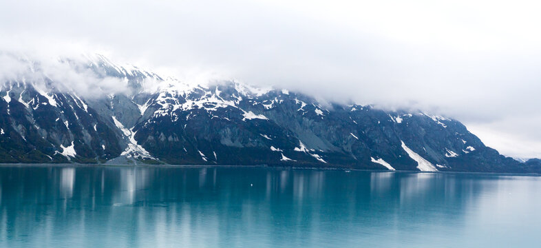 The Tarr Inlet under fog in Glacier Bay National Park, Alaska
