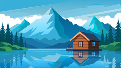 Fototapeta premium A simple wooden cabin built on the edge of a crystalclear lake with the majestic snowcapped mountains reflecting in its tranquil waters.