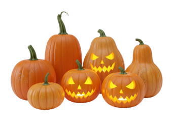 A group of illuminated carved pumpkins in various sizes against a Transparent background.