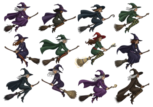 A pattern showcasing a collection of diverse witches, each with unique attire, soaring on broomsticks against a striking Transparent background.
