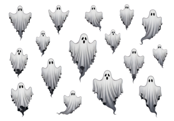 A multitude of ghostly figures in white, with a Transparent backdrop, creates a spooky and festive design.