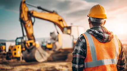 Construction worker surveys site with heavy machinery in golden hour sunlight, ready for action.