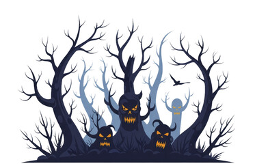 A spooky, dark forest scene with ominous trees and frightening creatures.