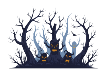 A spooky, dark forest scene with ominous trees and frightening creatures.