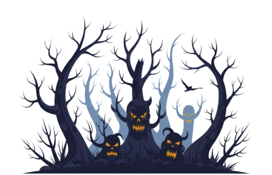 A spooky, dark forest scene with ominous trees and frightening creatures.