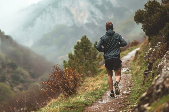 Man Running on Mountain Trail - Powered by Adobe