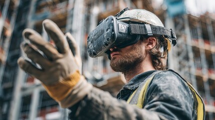 Construction worker uses VR headset to plan future building projects with advanced technology
