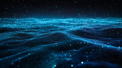 Dynamic digital waves shimmer with glowing particles, representing futuristic data flow and complex networks
