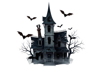 An eerie, old, dilapidated mansion stands out against a stark black background, surrounded by bats and bare branches, creating a captivating Halloween theme.