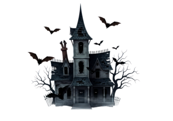 An eerie, old, dilapidated mansion stands out against a stark black background, surrounded by bats and bare branches, creating a captivating Halloween theme.