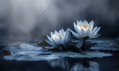 Two White Water Lilies on Dark Water with Mist