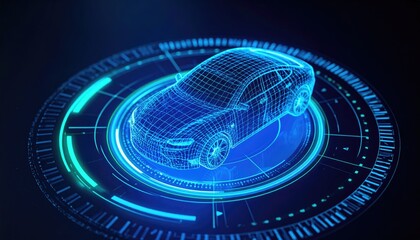 Digital wireframe car model on a luminous futuristic interface, symbolizing advanced automotive technology, engineering, and future innovation.