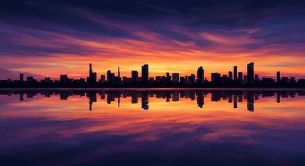 Fototapeta premium Cityscape Silhouette at Sunset with Colorful Sky Reflection