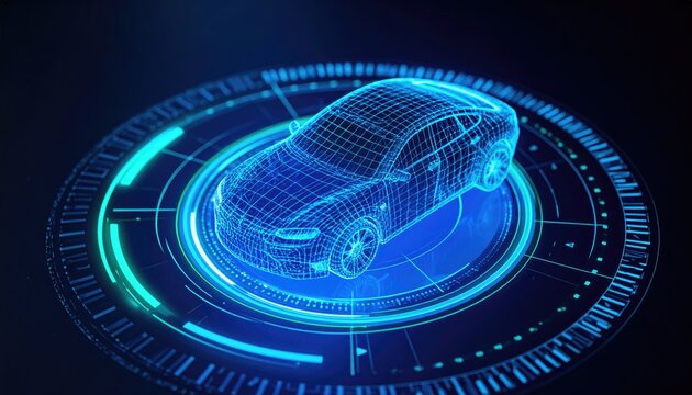 Digital wireframe car model on a luminous futuristic interface, symbolizing advanced automotive technology, engineering, and future innovation.