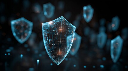 Cybersecurity shields protecting digital data with glowing network connections and secure design
