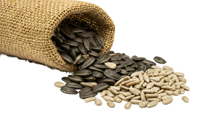Sunflower Seeds Spilling from Burlap Sack Onto a Reflective Surface
