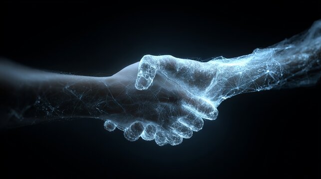 Digital handshake symbolizing partnership, technology, and global connections on dark background