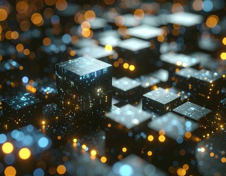 Abstract digital city or data network. Glowing cubes with interconnecting data streams and vibrant bokeh lights representing technology, AI, and big data.