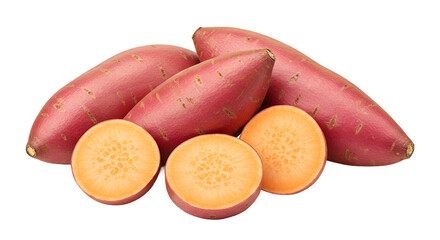 Vibrant Sweet Potatoes and Halves Arranged on a Colorful Background