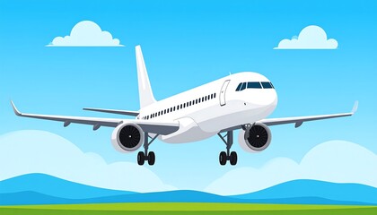 Obraz premium Cartoon airplane landing. Sky and landscape