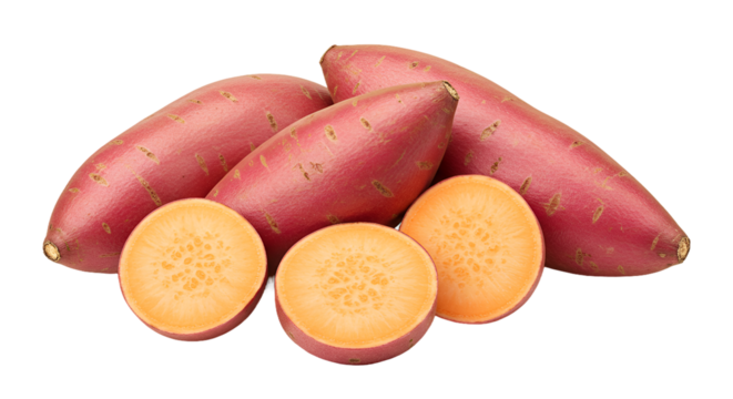 Vibrant Sweet Potatoes and Halves Arranged on a Colorful Background