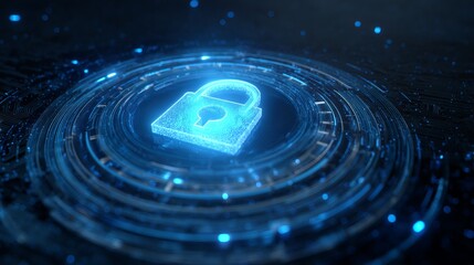 Secure digital padlock glowing blue, representing cybersecurity and data protection