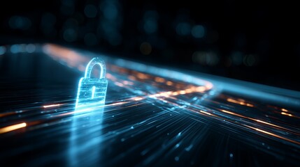 Cybersecurity concept with glowing padlock and data streams, protecting digital information