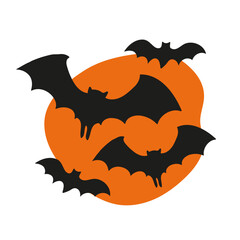 Flying bats black silhouettes with orange freeform spot. Modern Halloween design. Traditional autumn holiday decorative element for print, t shirt, stickers, invitations, greeting cards