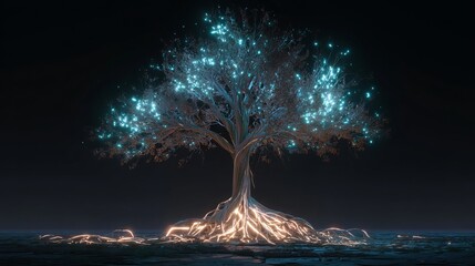 Stunning glowing tree with brilliant lights, representing growth, nature, and futuristic concepts