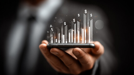 Businessman holding glowing bar chart hologram futuristic technology data analysis innovation