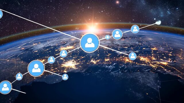 Global Network: A vibrant and evocative illustration depicting a global network, representing the interconnectedness of humanity in a vast universe, symbolizes digital connections and communication.